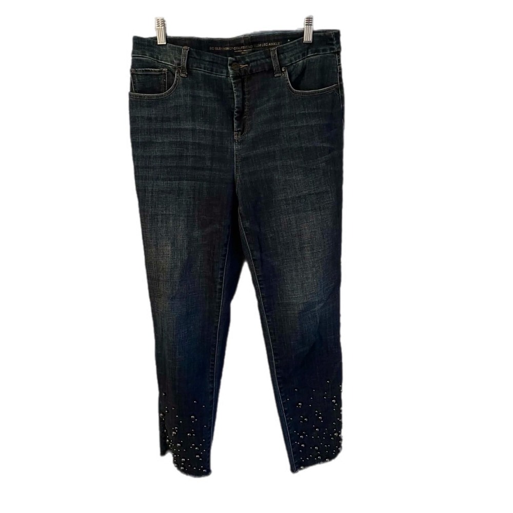 Chico's So Slimming Girlfriend Jeans Womens 6 dark Blue Excellent Studded Ankle‎